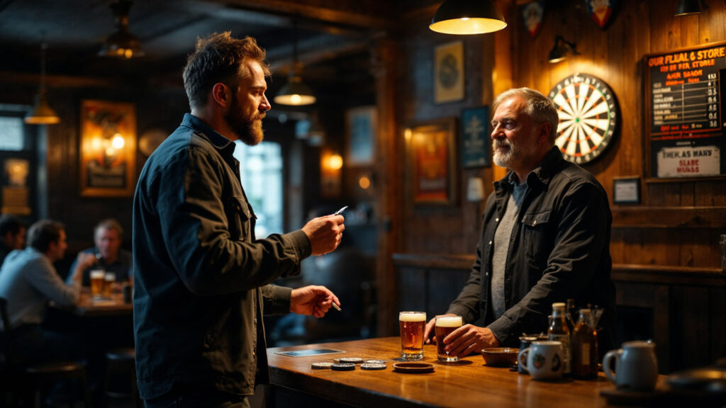 Hobby darters in een pub met een biertje. 